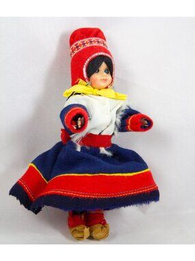 Vintage 7" Folk Art Doll in Felt Costume Leather Shoes Sleep Eyes Sami?